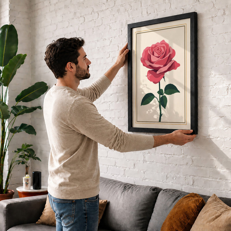 Single Rose In Bloom Botanical - Print, Walnut, A4 - 29.7 x 21.0 cm