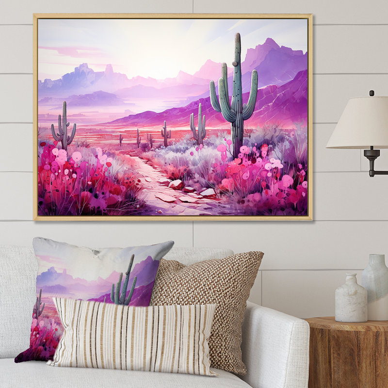 Cactus magenta mirage sur toile, 16" H x 32" W, Black Picture Framed