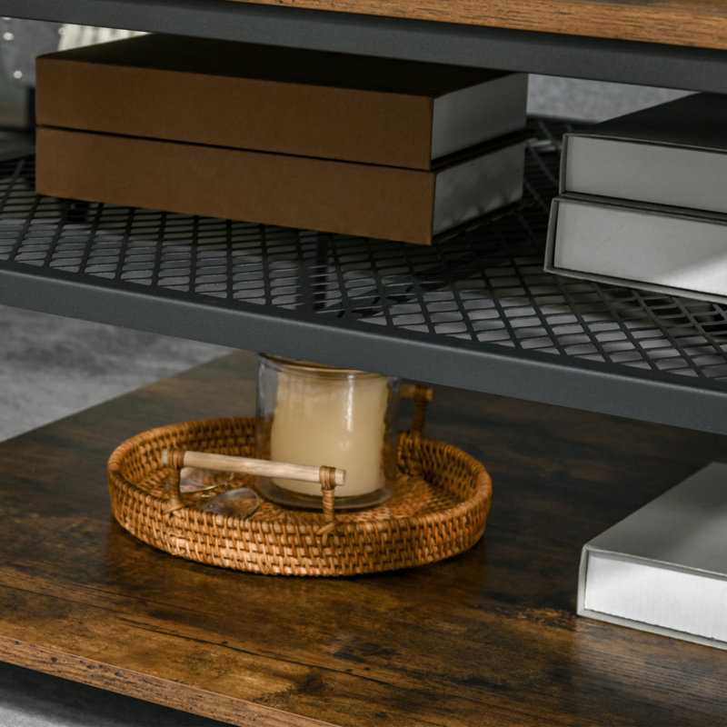 Sevon Industrial Coffee Table, Cocktail Table W/ Storage Shelves, Rustic Brown
