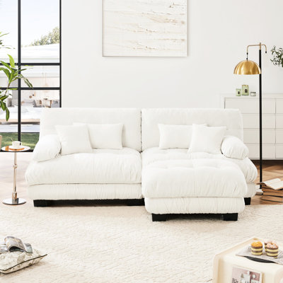 Couchette de salon en chenille - 2 places avec coussins lombaires, jeté convertible, blanc pour la décoration intérieure avec un design chic