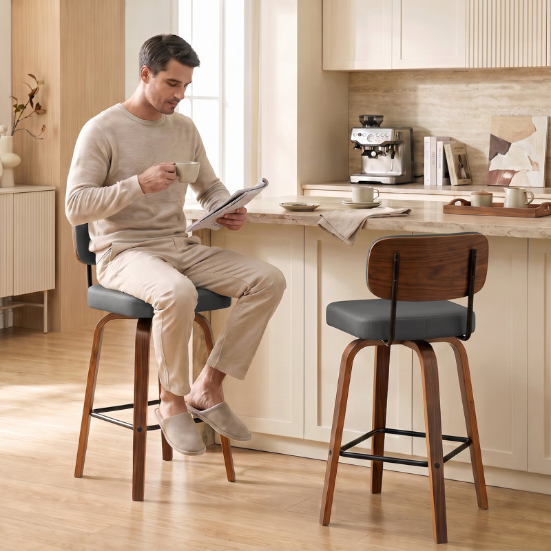 Tabouret de bar pivotant rembourré avec structure en bois courbé au fini noyer, Gris, 29.5