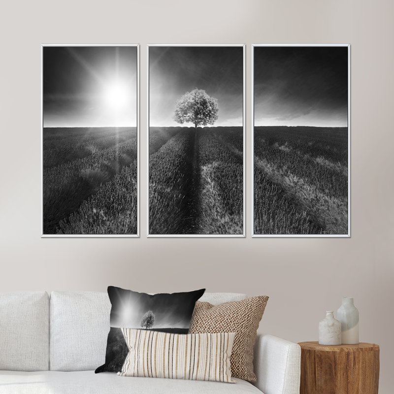 Coucher de soleil en Afrique avec arbre d'acacia - ensemble d'art mural sur toile encadré paysage, H 32 po x l 48 po x P 1 po