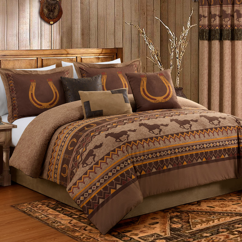 Sedona 7-Piece Southwestern Wild Horses Microsuede Comforter Set, California King Comforter + 3 Standard Shams, Brown