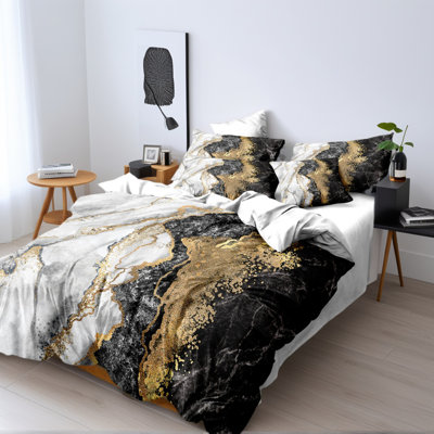 Literie Orylavena en microfibre à motif marbre noir, blanc et or avec 2 taies d'oreiller, format King, 3 pièces (garnitures non comprises)