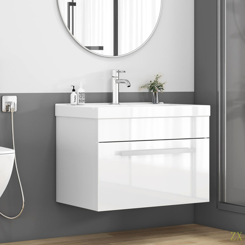 Meuble-lavabo 24 po avec lavabo combiné, 1 grand tiroir, système de fermeture en douceur, meuble-lavabo mural, poignée en métal, cuve en céramique à rebords épais unique