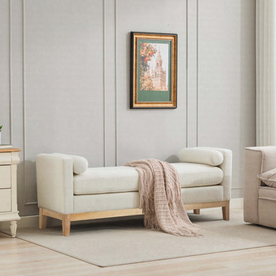 66.34" Boucle Upholstered End of Bed Bench with Natural Wood Frame and Bolster Pillows, Ivory