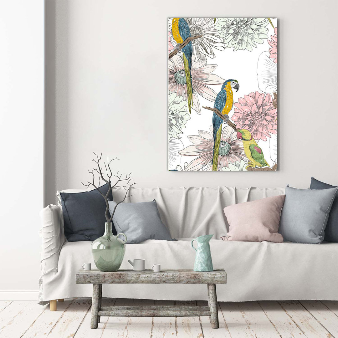 Papageien und Blumen - Kunstdrucke auf Leinwand - Wrapped Canvas