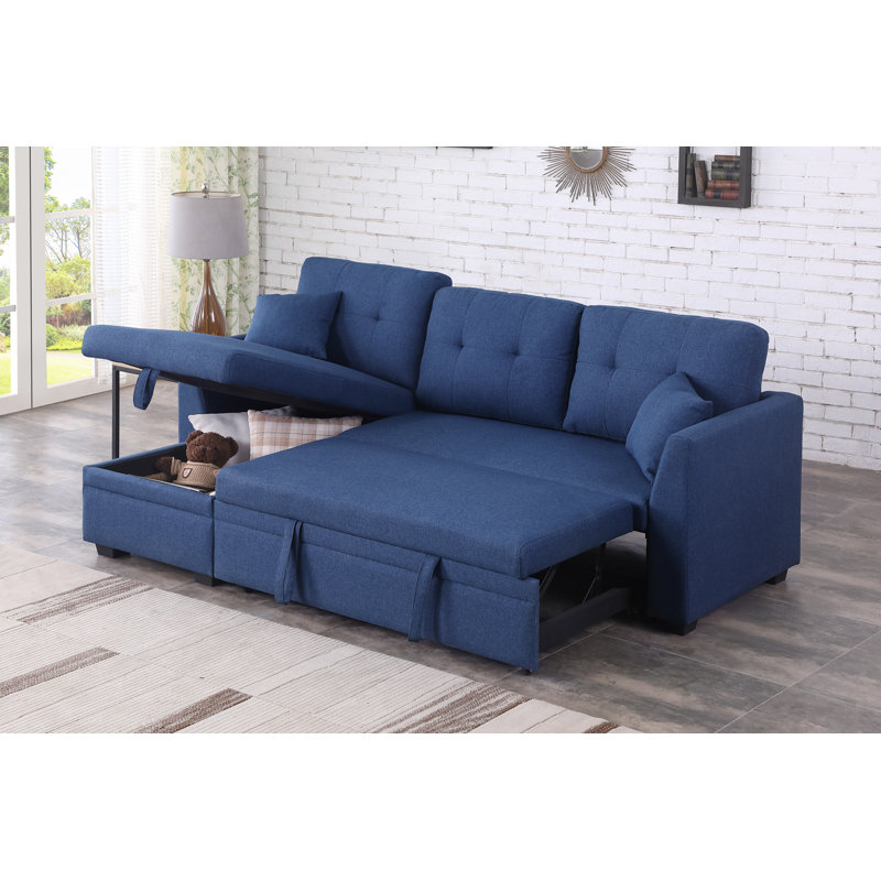 Sectional Sofa Sleeper Bed With Storage Chaise, Blue Linen Blend