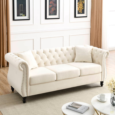 Canapé Chesterfield 80 po en velours pour salon, canapé 3 places capitonné avec accoudoirs roulés et têtes de clou pour salon, chambre à coucher, bureau, appartement, deux coussins