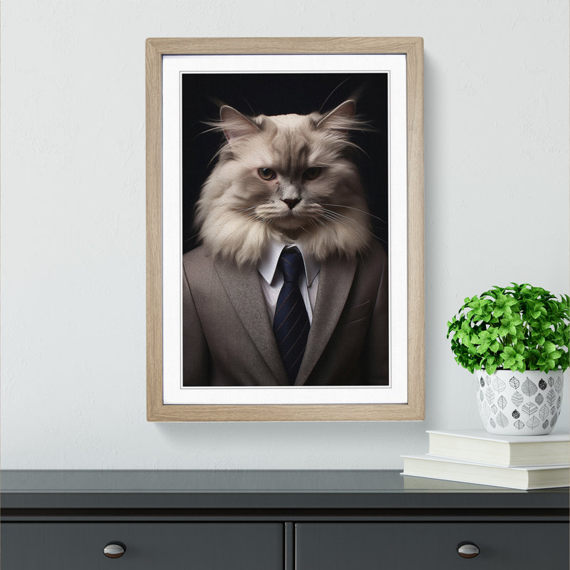 Ragdoll Cat In A Suit Painting No.3 - Single Picture Frame Print on Wood, 64cm H x 46cm W x 2cm D, Oak Framed