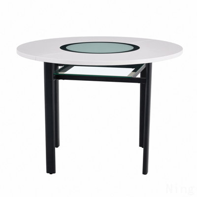 42 inch modern minimalist white desktop round dining table suitable for 4-6 people (gray glass inlay+metal stable bracket, suitable for multiple scenarios).