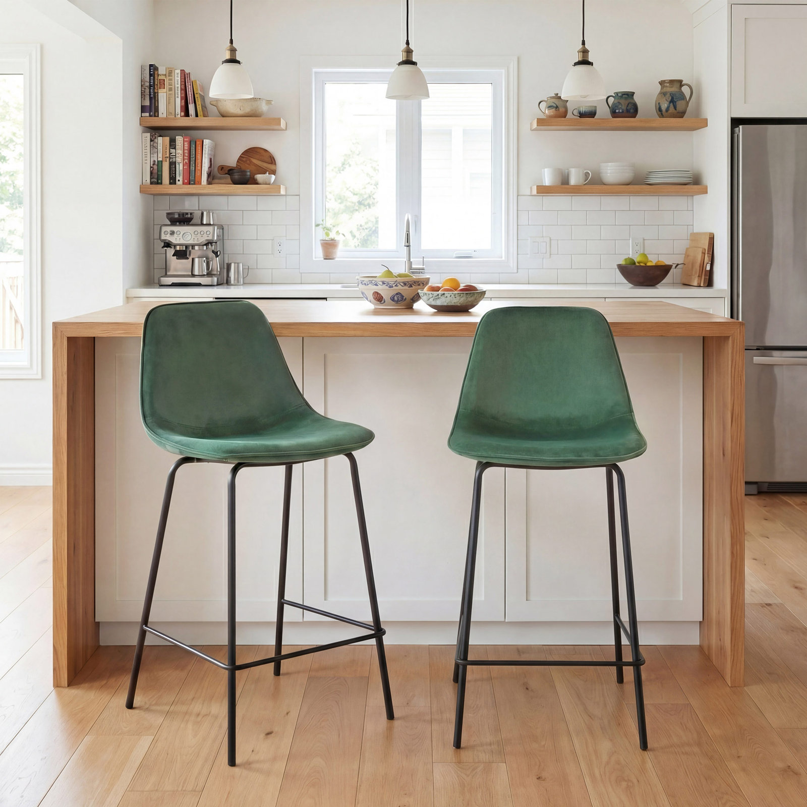 Kavi Bar Stool, Emerald Velvet, Counter Stool (24" Seat Height)