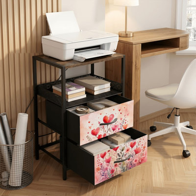 Table de chevet 2 tiroirs avec station de charge, table de chevet pour chambre avec ports USB et amp; Outlets, tablette ouverte noire, table de chevet avec motif de fleurs et de fleurs