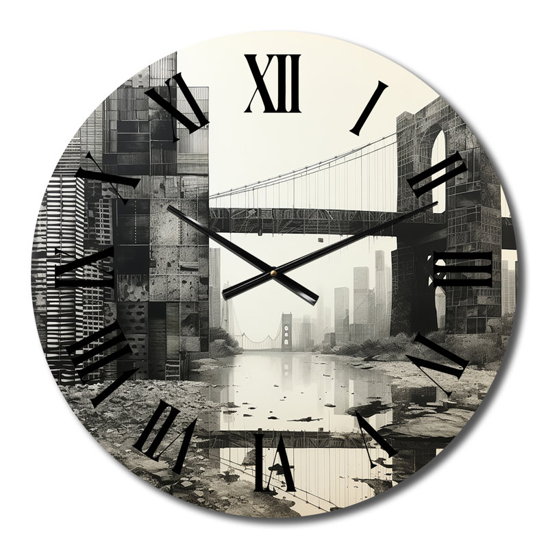 Grey Bridge Monochromatic Crossing Graphite II - Architecture Wall Clock, Small