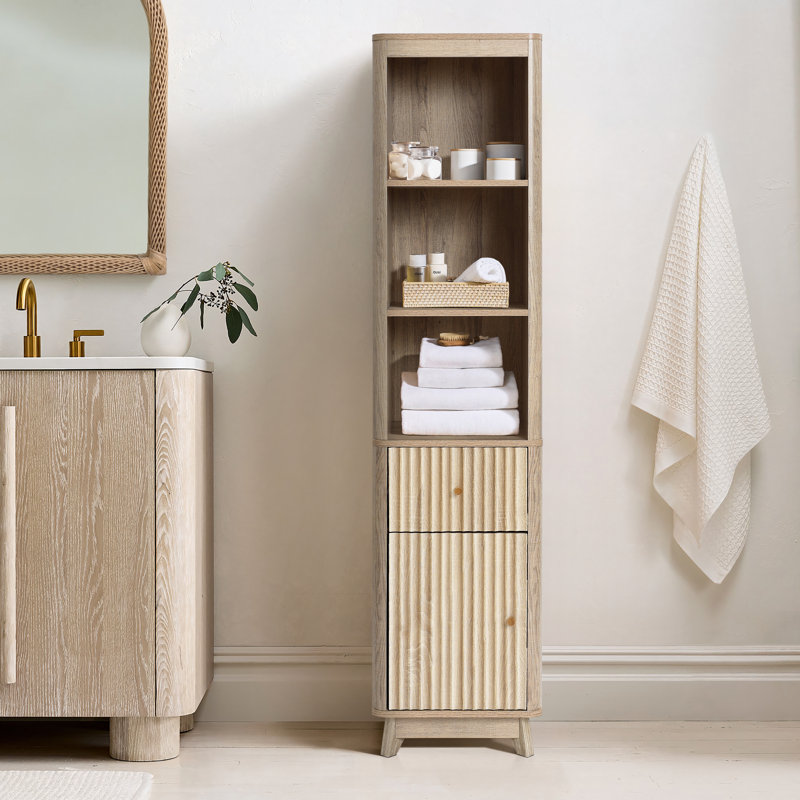68"H Farmhouse Tall Corner Bathroom Cabinet Natural Wave-Patterned 1-Drawer 1-Door