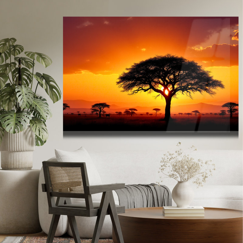 Art mural en verre trempé Savane africaine au coucher du soleil, H 16 po x l 20 po