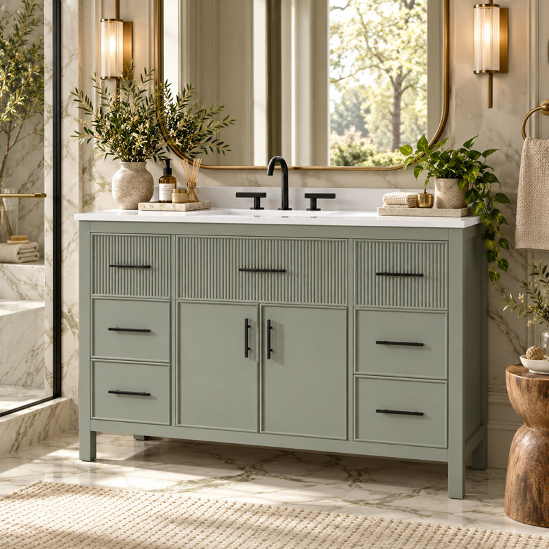 Ensemble de meuble-lavabo double 60 po avec armoire à pharmacie 60 po, Sage Green