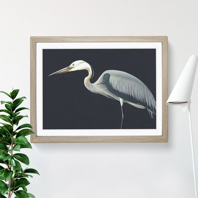 XH1022-1252X Beaming Heron Bird - Single Picture Frame Print, Oak, 34cm H x 46cm W x 2cm D