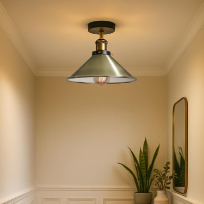 Industrial Farmhouse Flush Mount Light E26 Lampholder Metal Ceiling Lighting 22cm Cone Lampshade for Livingroom Kitchen Farmhouse Hallway with Bulb