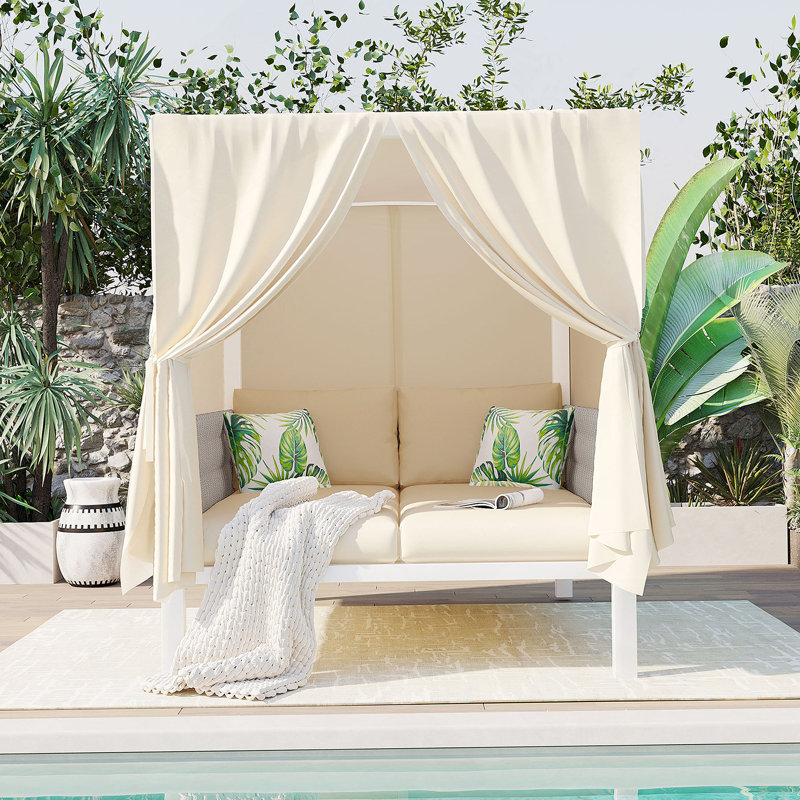 Lit de bronzage d'extérieur avec rideaux, Fort High Com, adapté à de multiples cas de figure, Beige
