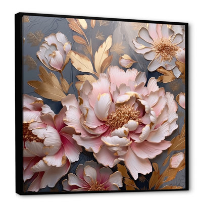 " Retro Pink Peonies Golden Leaves "