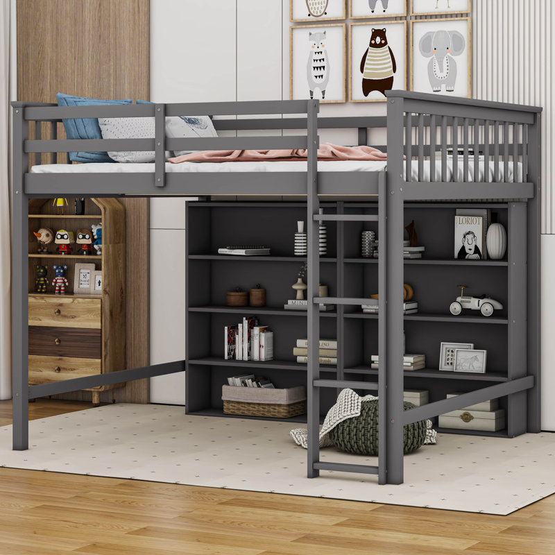 Jimmya Loft Bed with 8 Open Storage Shelves and Built-in Ladder, Full, Antique Gray