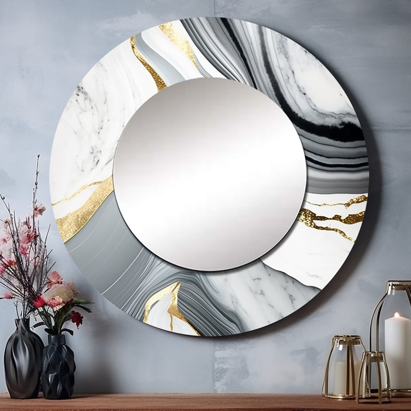 «Stajka Abstract Geode Marble Waves» gris II - miroir mural abstrait, miroir décoratif rond gris, impression d'art en métal