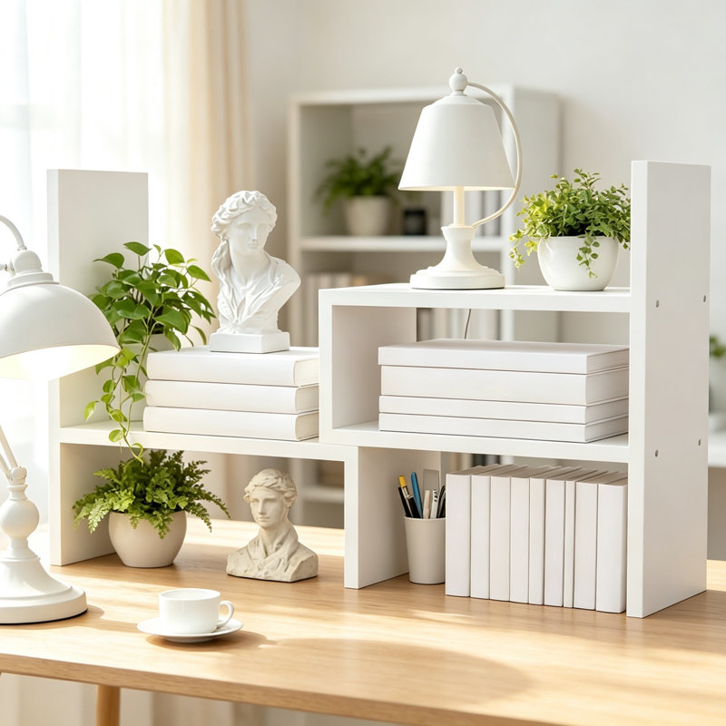 White Adjustable Wooden Desk Shelf