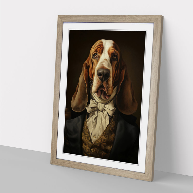 Basset Hound Classicism No.2 - Single Picture Frame Print on Wood, 64cm H x 46cm W x 2cm D, Oak Framed