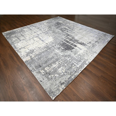 12'x12' Gray Abstract Design Wool and Silk Hand Knotted Square Rug B8B6C5C82E914433A6FC0C9E7240F045