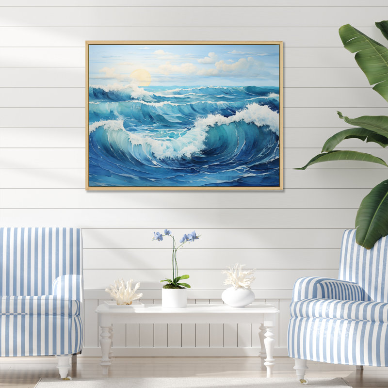 «Teal White Ocean Serenade Pastoral I», art mural sur toile, H 24 po x l 32 po x P 1 po, Cadre naturel flottant