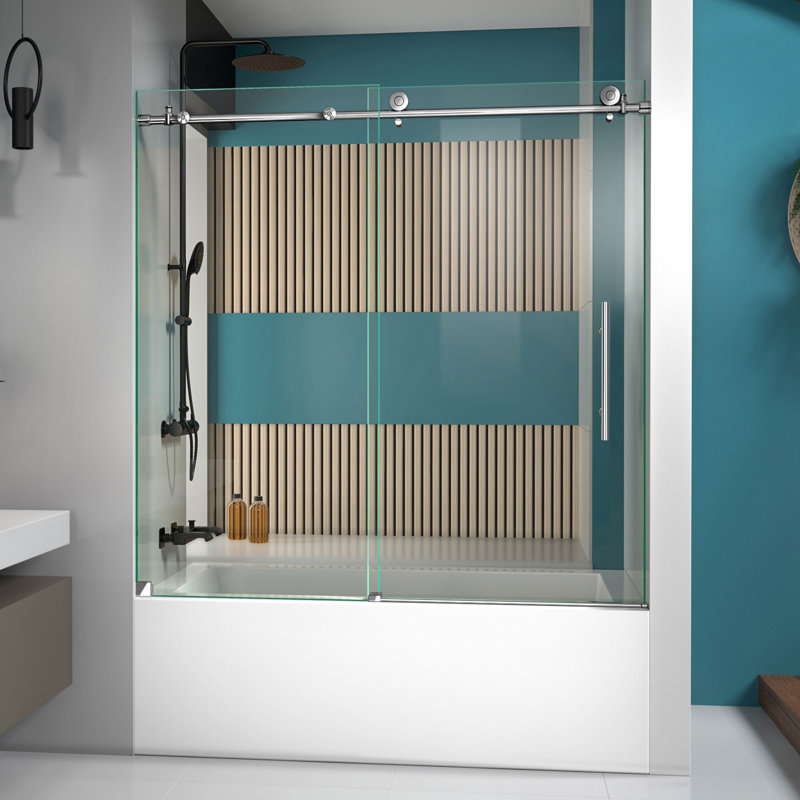 Enigma-X 59" W x 62" H Fully Frameless Tub Door with Clearmax Technology, Polished Stainless Steel