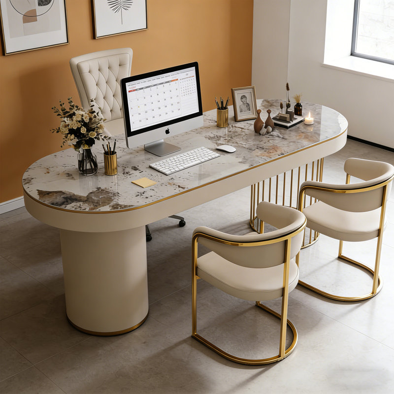 Bureau ovale en pierre frittée de style crème 47,24 "