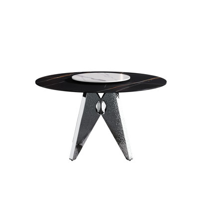 6 Table de salle à manger ronde de 53 po, base en acier inoxydable argenté, plateau en pierre frittée, plateau tournant de 23,62 po facile à nettoyer, teinté pour 6