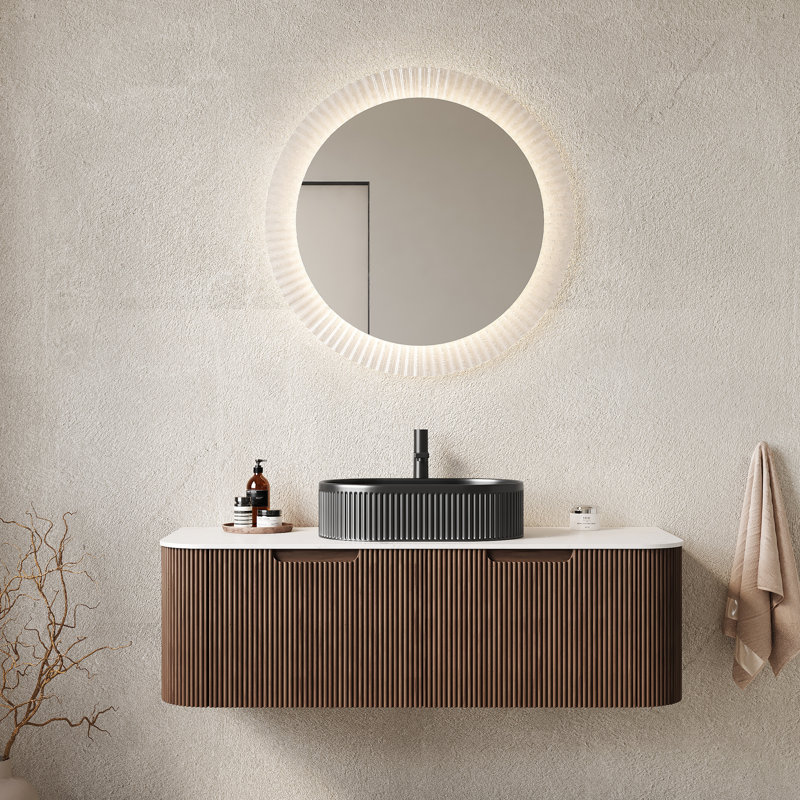 Meuble-lavabo de salle de bain de 122 cm (48 po), structure en contreplaqué, lavabo en céramique noire, 2 tiroirs, couleur noyer foncé, glissières à fermeture amortie, rangements intégrés, préassemblé, style moderne, grand espace de rangement