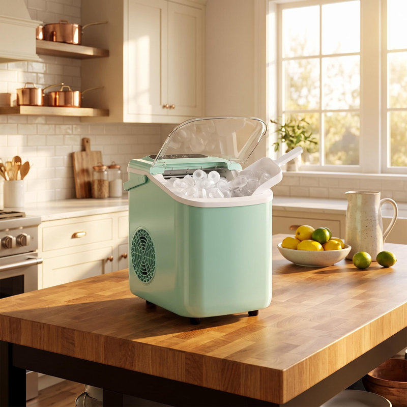 Machine à glaçons de comptoir portable vert menthe, débit de glace rapide de 6 minutes, autonettoyant intégré, fonctionnement silencieux de 40 dB avec couvercle transparent et poignée de transport pour la maison, le camping et le bar