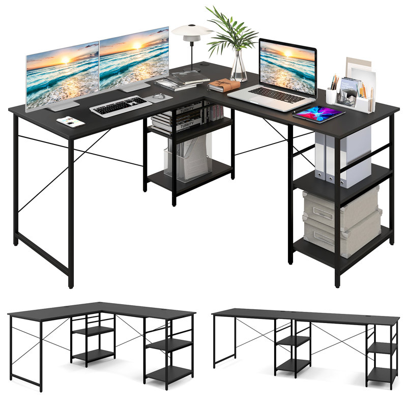 Grand bureau d'ordinateur en forme de L 60 po avec 4 tablettes de rangement Camorra 17 Stories