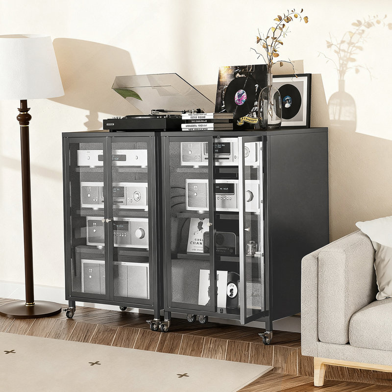 Armoire de rangement avec roulettes, 4 tablettes réglables en verre pour le salon