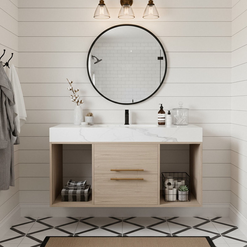 Meuble-lavabo mural 39,4 po avec lavabo en céramique, plateau en pierre frittée, armoire en bois massif avec 2 tiroirs