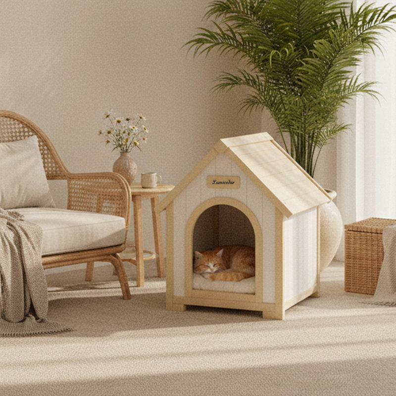 Maison pour animaux FSC en cèdre massif - Cabane jaune crème pour petits chiens et chats