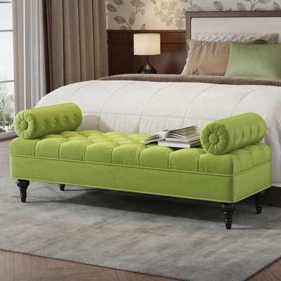 Banc de chambre à coucher moderne, banc de bout de lit, banc rembourré en velours avec 2 coussins amovibles, repose-pieds rembourré confortable, repose-pieds pour la chambre à coucher, salon, entrée, vert