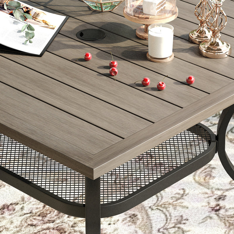 Beidleman Square Metal Outdoor Dining Table With Umbrella Hole , 37.8'' in. W 37.8'' in. D, Gray Woodlike/Black