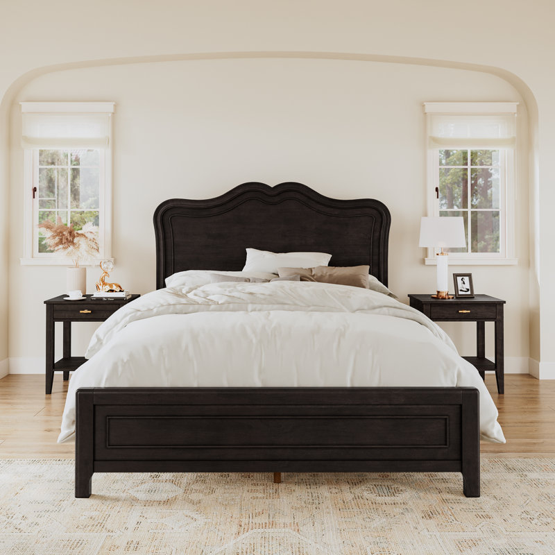 Annalia Mid-Century Modern Solid Wood Bed With Camel Headboard, Queen, Black