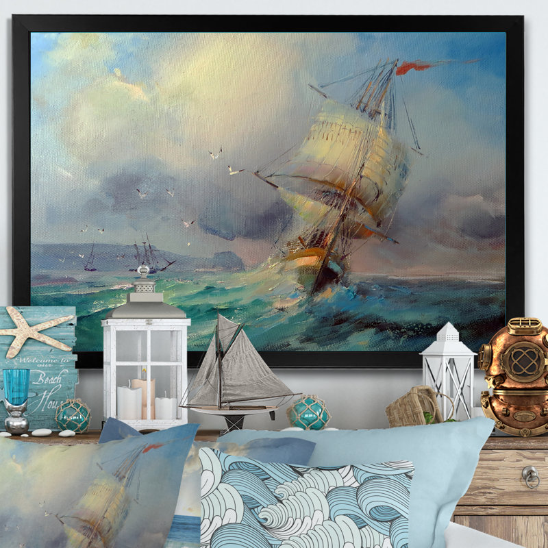 Vieille Bataille Navale de mer - on, Toile avec cadre noir, H 24 po x l 36 po x P 1 po