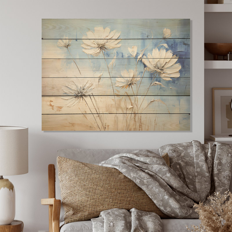 Minimal beige et bleu bleuet Expression I - Art mural en bois sur bois de pin naturel, H 10 po x l 20 po