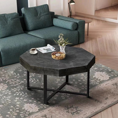 Mobilier de salon, table basse octogonale en bois avec objet décoratif noir antique, avec pièces