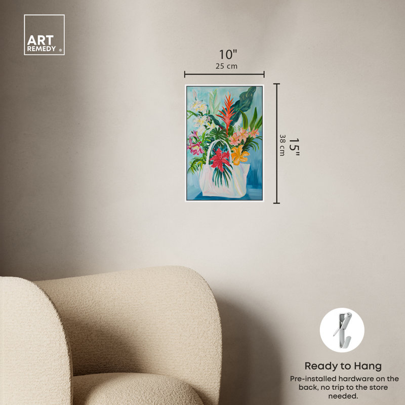 Art Remedy Tropical Flower Bag Framed Flowers In Vase Paintings 55517, White Framed, 16" H x 11" W