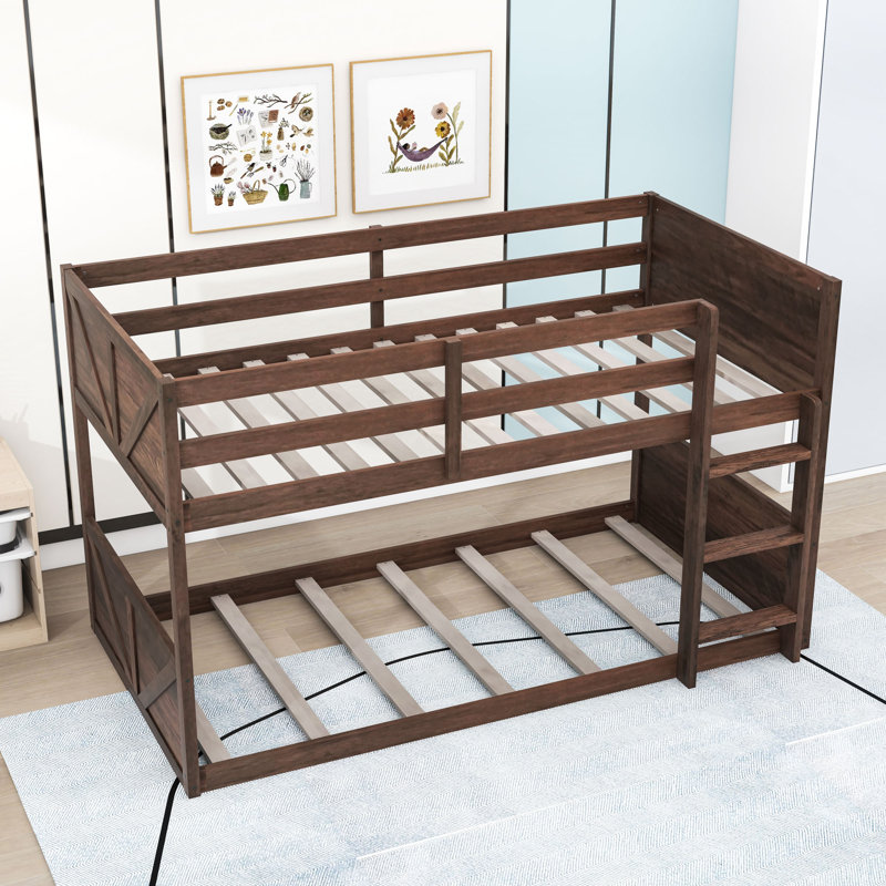 Lit simple superposé en bois avec échelle intégrée et garde-corps, Chêne antique