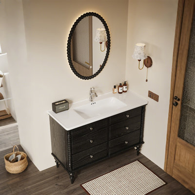 39.37"Solid Wood Red Oak Freestanding Bathroom Washbasin Vanity With a Smart Mirror