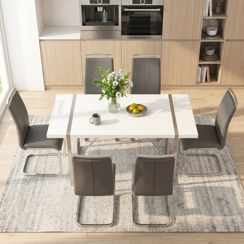 7-Piece Modern Glam Rectangular Dining Set with Faux Leather Chairs , 7, Dark Gray